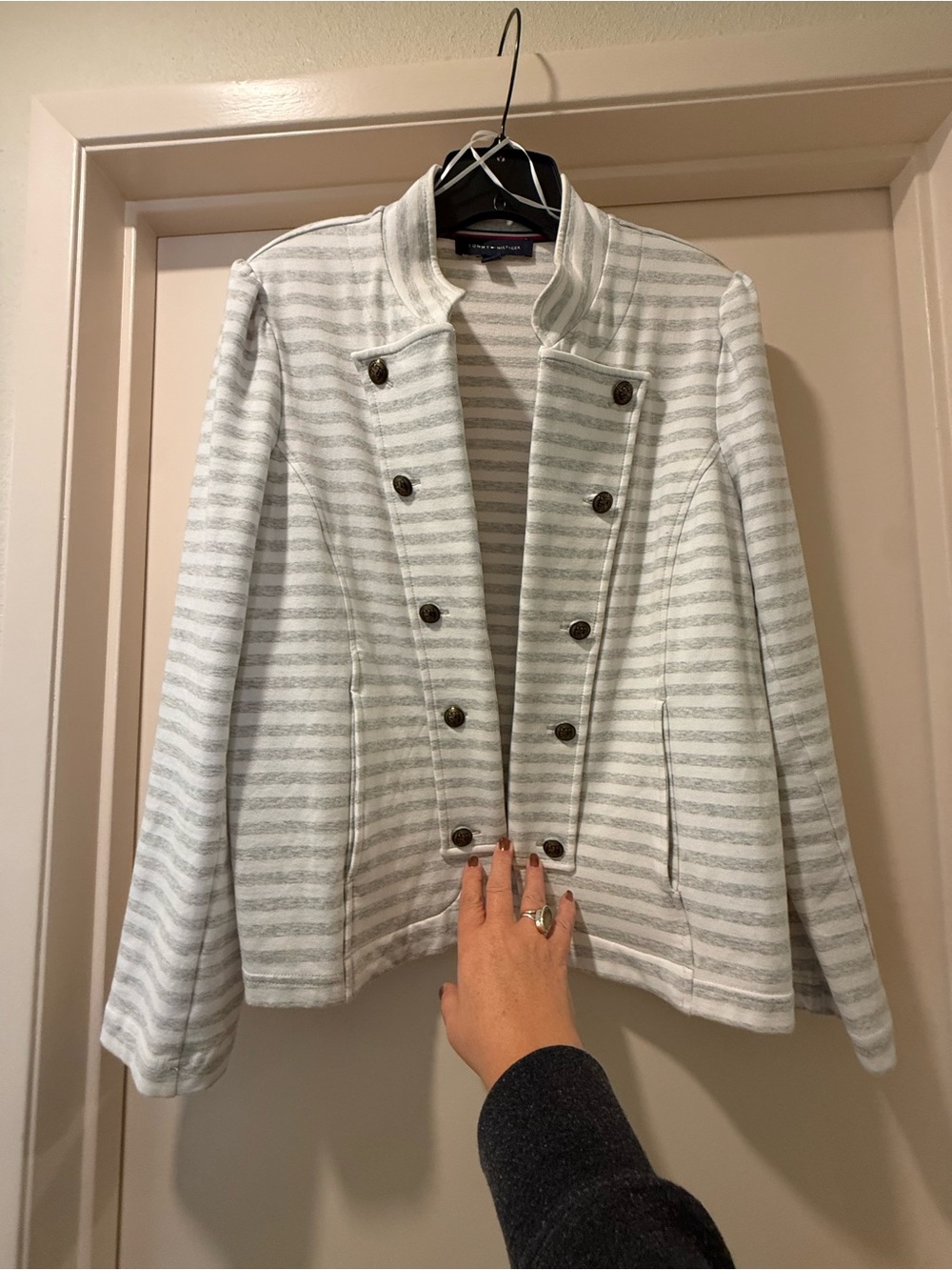 Tommy Hilfiger White and Light Gray Striped Military-Style Blazer